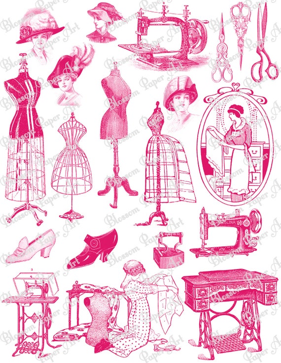Items similar to Pink Ladies Sewing Digital Collage Sheet ...