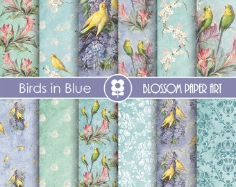 Vintage Digital Paper Blue, Birds Digital Paper Pack, Vintage Birds Scrapbooking, Birds in Blue - INSTANT DOWNLOAD  - 1730