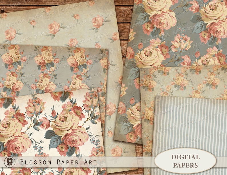 INSTANT DOWNLOAD 2489 Vintage Digital Paper Pack Blue Scrapbook Paper Pack Rose Scrapbook Paper Floral Digital Paper