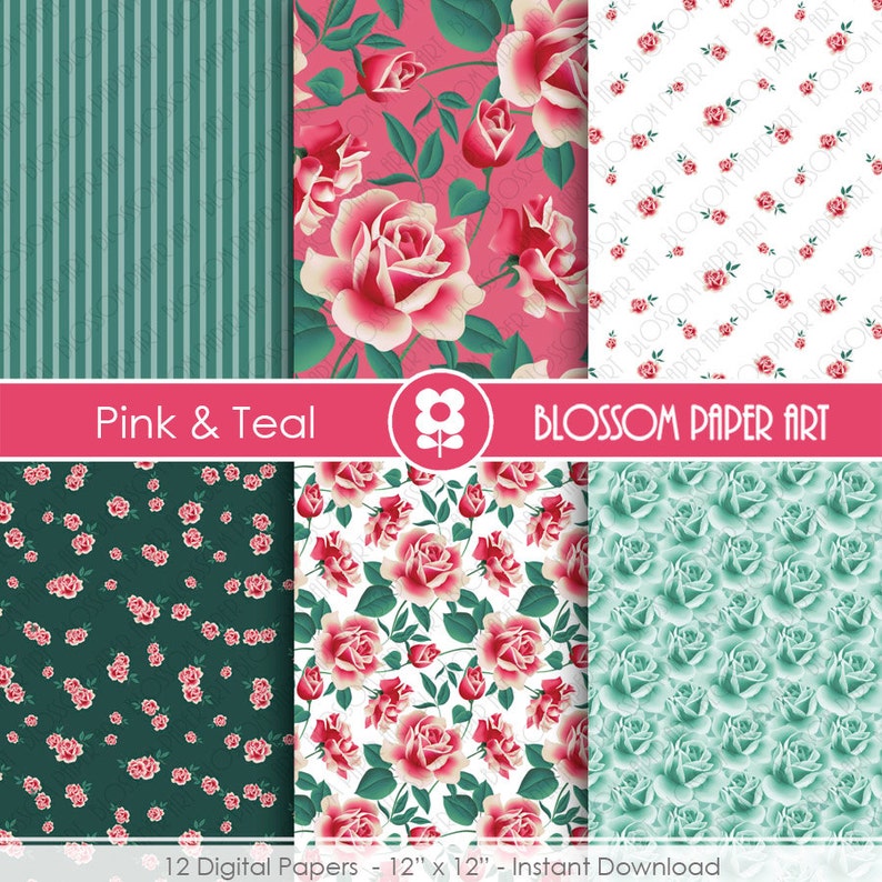 Download Teal Pink Digital Paper Floral Digital Papers Scrapbooking ...