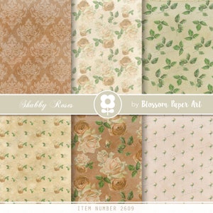 May include: Set of six digital paper patterns featuring shabby chic roses, leaves, and damask designs. The papers are in shades of brown, cream, and green. "Shabby Roses" and "Blossom Paper Art" are written on the image. "Item Number 2609" is also included.