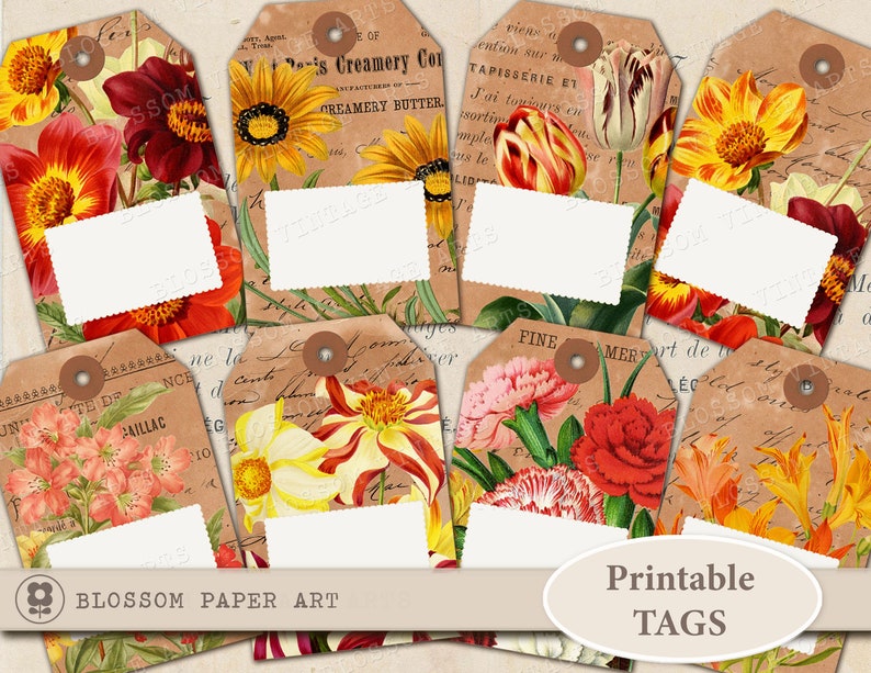 VINTAGE FLORAL Printable Tags Digital Collage Sheet Printable - Etsy