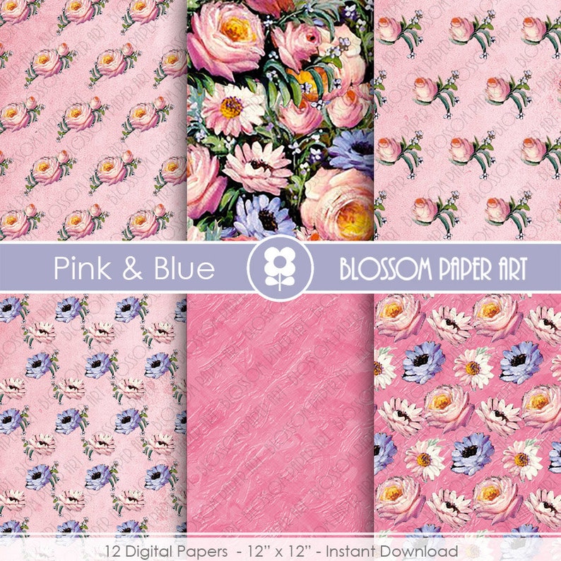 Collage Sheet Floral Digital Paper Floral Scrapbook Pink Roses Digital Paper Pack 1783