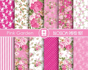 Pink Digital Paper, Rose Digital Paper Pack, Pink Floral Scrapbooking, Floral Digital Paper, Pink Roses - 1925