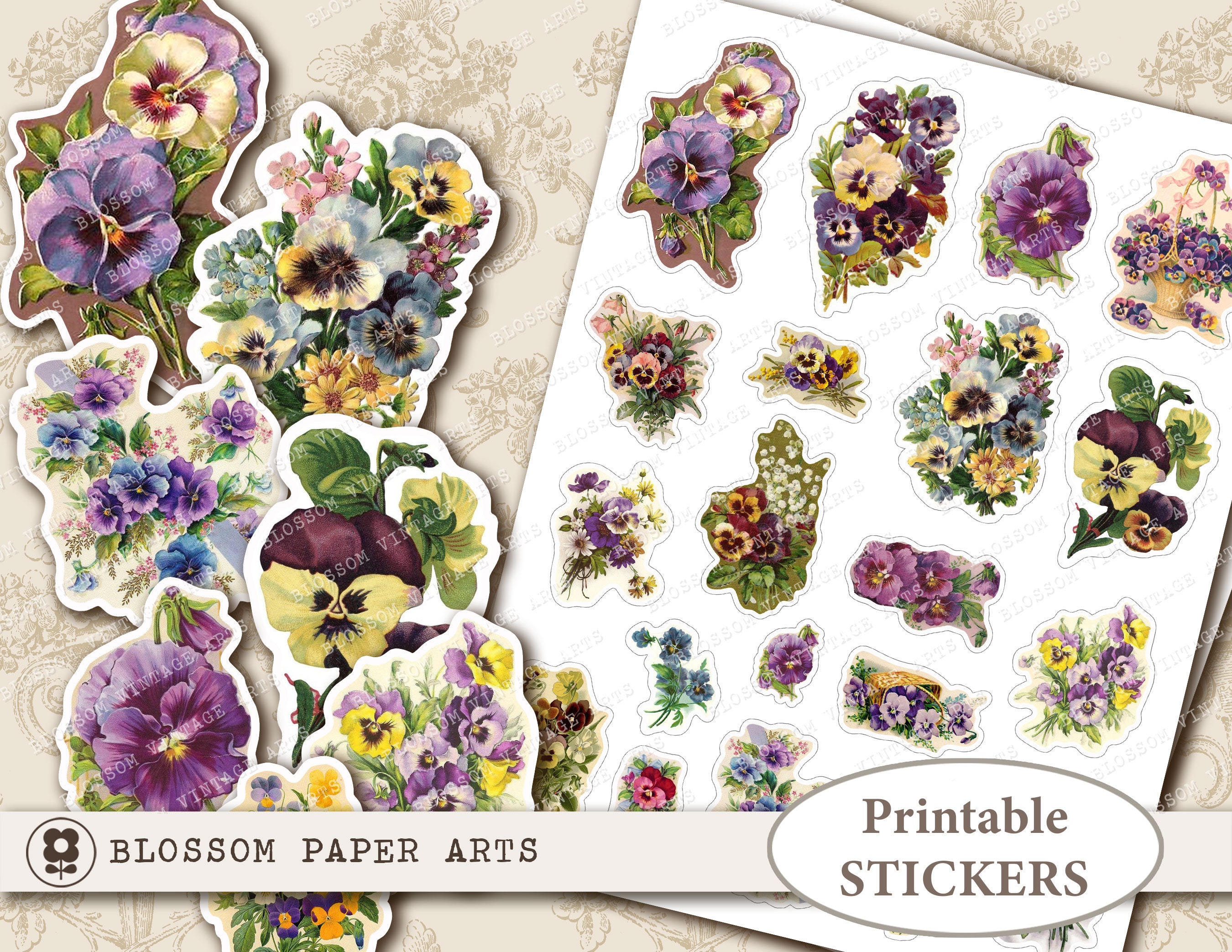 Vintage Flowers Printable Stickers Vintage Pansies Purple Etsy