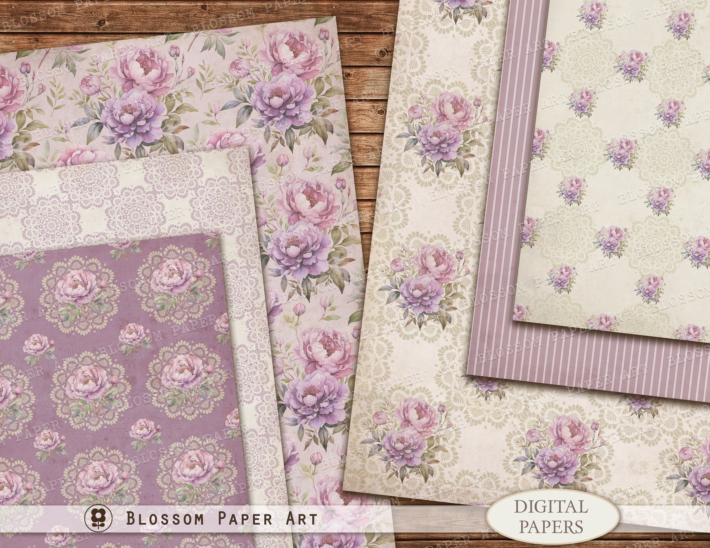 Vintage Purple Floral Digital Paper Pack: Shabby Chic Scrapbook ...