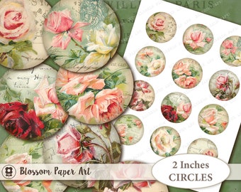 Digital Collage Sheet Circles Stickers, Embellishment, Junk Journal Collage Vintage Printable Sheet 2 inch Circles Instant Download 2215