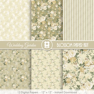 May include: A collection of 12 digital papers with floral and striped patterns in shades of cream, green, and beige. The papers are 12" x 12" and feature the text "Wedding Garden" and "Blossom Paper Art".