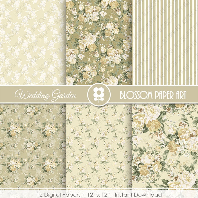 May include: A collection of 12 digital papers with floral and striped patterns in shades of cream, green, and beige. The papers are 12" x 12" and feature the text "Wedding Garden" and "Blossom Paper Art".