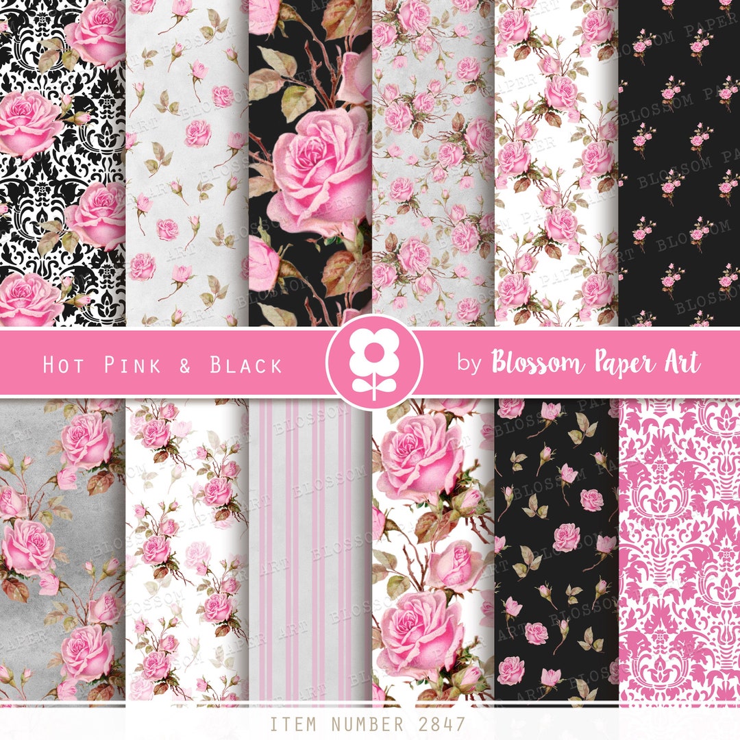 Hot Pink and Black Digital Paper, Shabby Chic Scrapbook Paper, Pink ...