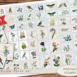 Briefmarken druckbare Collage Blatt, Junk Journal Ephemera, Vintage Blumen, digitaler Download, Scrapbooking 2525