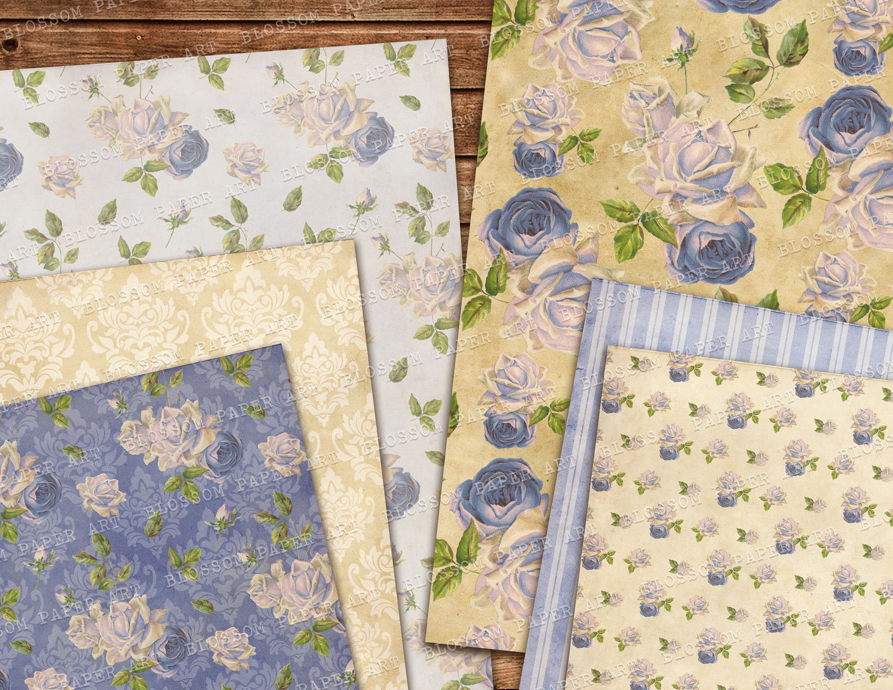 Blue Floral Digital Paper Pack: Vintage Shabby Chic Scrapbooking ...
