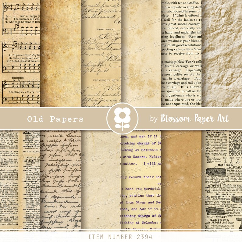 May include: A digital collage of six vintage paper textures. The papers are in various shades of brown and beige with handwritten text and musical notes. The papers are titled "Old Papers" and are by "Blossom Paper Art".