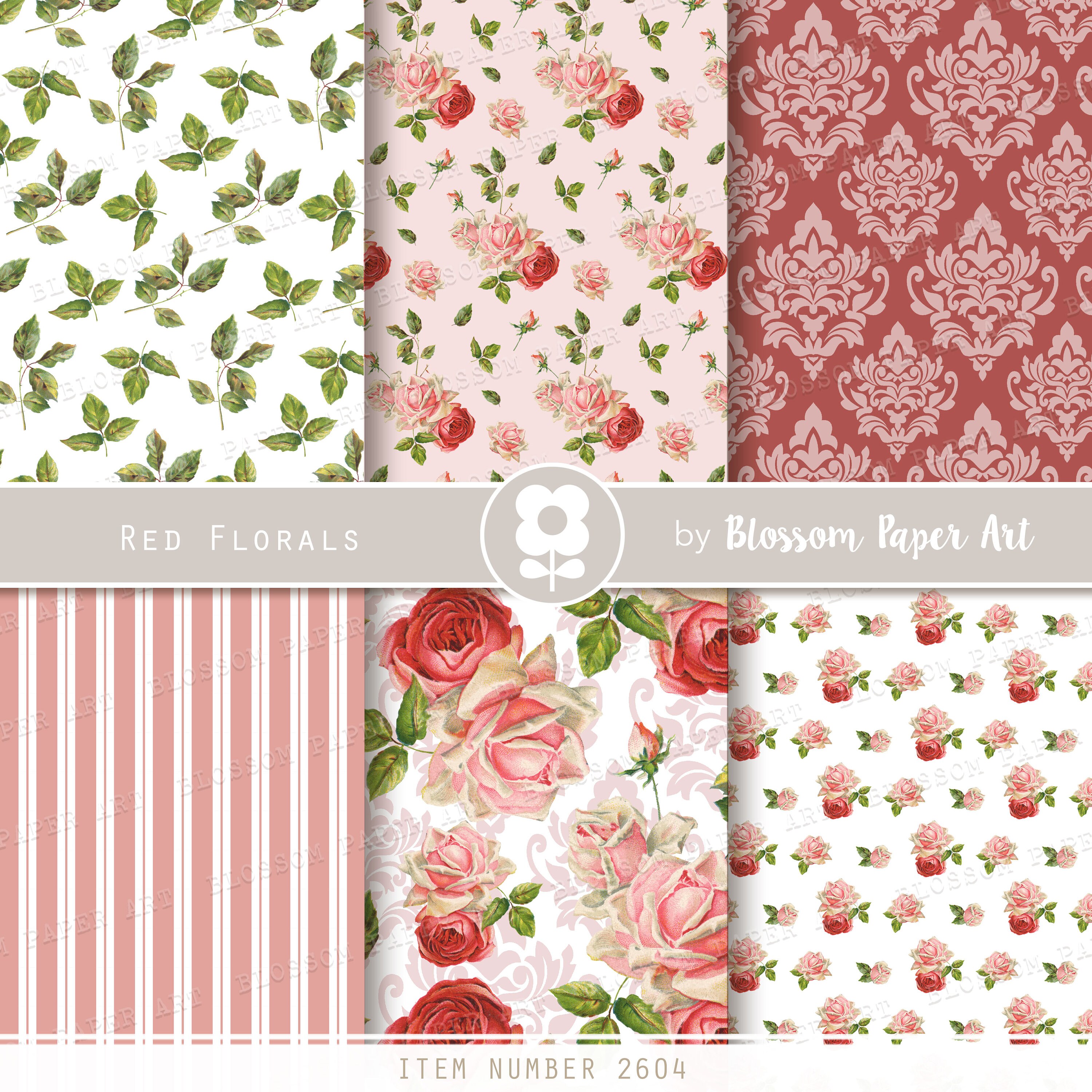 Red Roses Digital Paper Floral Scrapbook Rose Paper Pack Etsy