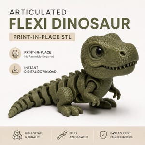 Può includere: Una statuetta di dinosauro articolato verde oliva con superficie testurizzata, occhi grandi e corpo segmentato. Il testo recita: ARTICULATED FLEXI DINOSAUR, PRINT-IN-PLACE STL, PRINT-IN-PLACE No Assembly Required, INSTANT DIGITAL DOWNLOAD, HIGH DETAIL & QUALITY, FULLY ARTICULATED, EASY TO PRINT FOR BEGINNERS.