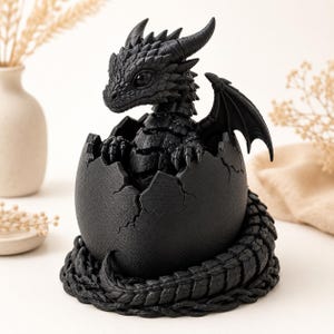 Puede incluir: Una figura de dragón articulada en negro mate que emerge de un huevo agrietado. El dragón presenta escamas detalladas, alas pequeñas y una cola larga que se envuelve alrededor de la base del huevo. La criatura tiene ojos oscuros y garras.