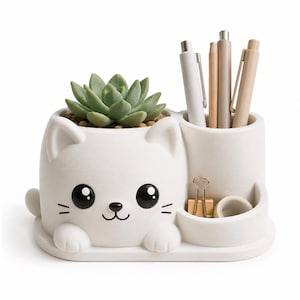 Kawaii Tier Pflanzentopf STL | 3-in-1 Schreibtisch Organizer | Süßer Sukkulenten Topf | Sofort Download