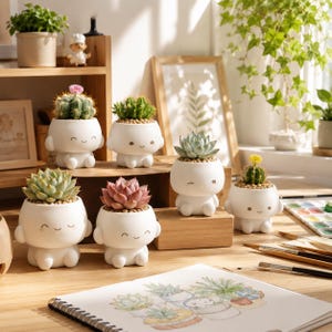 Kawaii Chibi Bloempot STL-bestand | Schattige Mini Vetplant Pot 3D Print Bundel | Moderne Bureau Decor Digitale Download