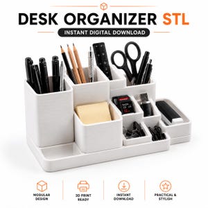 Pode incluir: Um organizador de mesa branco com vários compartimentos para canetas, lápis, tesouras, régua, notas autocolantes, cartões SD, pen drive e clipes. O texto DESK ORGANIZER STL e INSTANT DIGITAL DOWNLOAD aparece na parte superior.