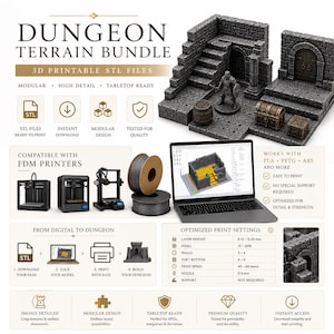 Op de afbeelding: Een digitaal productoverzicht voor een Dungeon Terrain Bundle met 3D-printbare STL-bestanden. De afbeelding toont modulaire stenen kerkerwanden, trappen, een miniatuurfiguur, een vat, kisten, printerpictogrammen en technische printinstellingen.
