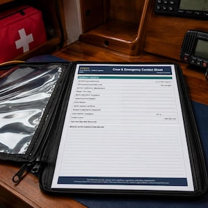 Könnte beinhalten: Eine schwarze Dokumentenmappe mit Reißverschluss enthält ein weißes Crew & Emergency Contact Sheet mit gedruckten Feldern für Notfallkontakte, medizinische Notizen und Vorschriften. Das Blatt enthält Überschriften für Küstenwache und Schiffsdaten.