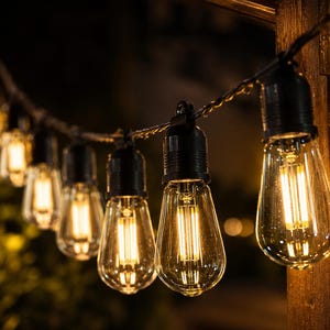 Könnte beinhalten: Eine Lichterkette für den Außenbereich mit klaren Edison-Glühbirnen und sichtbaren inneren Filamenten. Die Birnen sind an einem dunklen Kabel befestigt und strahlen ein warmes, helles Licht aus, das sich vor dem dunklen Hintergrund abhebt.