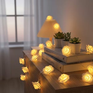 Puede incluir: Una cadena de luces LED con múltiples cubiertas en forma de rosa blanca que emiten un brillo cálido. Las luces están dispuestas sobre una superficie de madera junto a dos libros apilados, tres pequeñas plantas suculentas y una lámpara plisada.