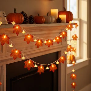 May include: A string of LED fairy lights featuring orange and red fabric maple leaves and small clear pumpkin-shaped covers. The lights are draped in two horizontal rows, emitting a warm glow, with additional leaves and pumpkins hanging down.