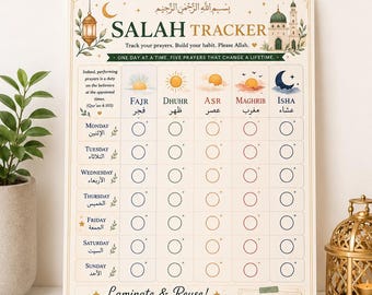 May include: A reusable Salah Tracker chart featuring a grid for tracking five daily prayers from Monday to Sunday. The design includes illustrations of a lantern, mosque, and sun icons. Text includes 'SALAH TRACKER', 'ONE DAY AT A TIME', and 'Laminate & Reuse!' with instructions for dry-erase markers.