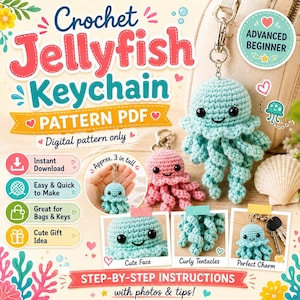 May include: A digital pattern for a crochet jellyfish keychain. The image displays a light blue and a pink crocheted jellyfish with black eyes and curly tentacles. Text includes Crochet Jellyfish Keychain, Pattern PDF, and Approx. 3 in tall.