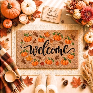 May include: A rectangular coir doormat featuring the word welcome in black cursive script, surrounded by orange pumpkin illustrations and brown autumn leaves. The mat is placed on a light-colored surface, accented by pumpkins, leaves, and slippers.