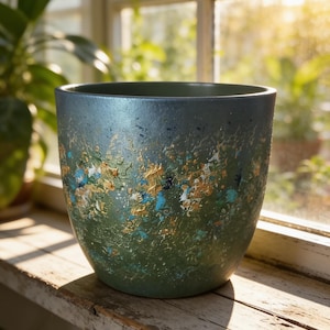 Op de afbeelding: Een ronde keramische plantenpot met een getextureerd oppervlak, voorzien van een kleurverloop van diepgroen aan de basis naar een metallic blauwgroen bij de rand, geaccentueerd met spetters goud, wit en felblauwe verf over de buitenkant.