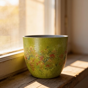 Può includere: Un vaso per piante cilindrico con un esterno verde lime testurizzato caratterizzato da macchie screziate di vernice rossa, arancione e verde scuro. L'interno del vaso è di un colore grigio chiaro liscio e il bordo è circolare e uniforme.