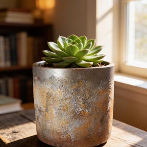 Op de afbeelding: Een groene vetplant in een cilindervormige pot met een getextureerde, verweerde afwerking. De pot heeft een gevlekt uiterlijk met tinten van metallic zilver, koper en aards bruin, wat zorgt voor een ruwe en onregelmatige oppervlaktestructuur.