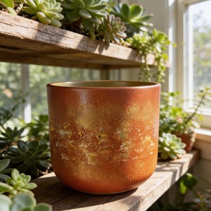 Pode incluir: Um vaso de plantas cilíndrico em cerâmica com um esmalte manchado em laranja e dourado com acabamento liso. O vaso tem uma abertura circular larga e uma base sólida, exibindo um brilho metálico que reflete a luz na sua superfície.
