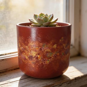 Op de afbeelding: Een cilindervormige, terracotta-kleurige plantenpot met een textuurrijke, gevlekte afwerking met metallic gouden en dieprode accenten. Een kleine, lichtgroene vetplant met puntige, vlezige bladeren is in de pot geplant.