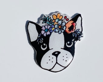 Boston Terrier with flowers pin, Boston Terrier lover, pet lovers, dog gift, dog lover gift, dog gift, gift for mom, vet gift, vet tech