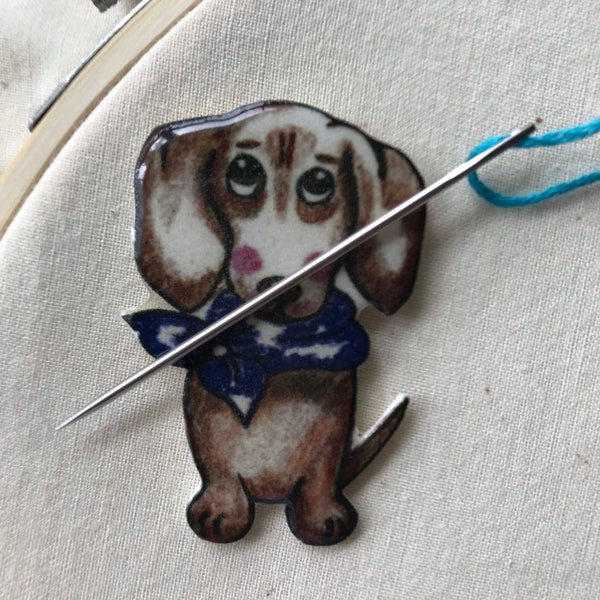 Brown Dachshund needle minder,cross stitch, embroidery,doxie magnet,dog lover gift, dachshund magnet,doxie lover,dachshund mom