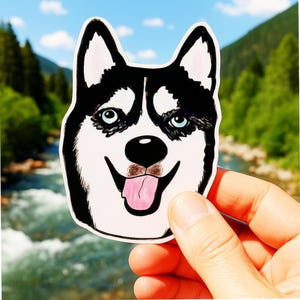 Adesivo in vinile con raffigurazione di un cane Siberian Husky, illustrazione disegnata a mano, accessorio per papillon, decorazione per portapranzo, 3 misure, idea regalo per amanti degli animali, mamma e papà.