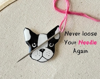 Boston Terrier Needle Minder: Handmade Embroidery Tool, Dog Lover Gift