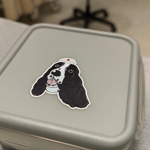 Adesivo in vinile con raffigurazione di cane Springer Spaniel, illustrazione disegnata a mano, accessorio per berretto da infermiera, decorazione per bottiglia d'acqua, 3 misure, idea regalo per amanti dei cani e veterinario.