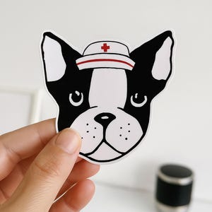 Adesivo in vinile con raffigurazione di un cane Boston Terrier, illustrazione disegnata a mano, accessorio per berretto da infermiera, decorazione per bottiglia d'acqua, 3 misure, idea regalo per amanti dei cani e veterinario.