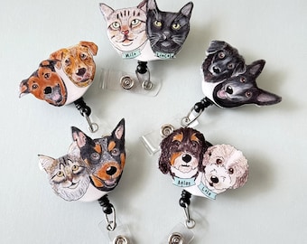 Custom two hand drawn faces Pet Badge Reel for Work Credential Charm for Nurse Name Tag Clip Attachment for Office Card Display  Holder ID