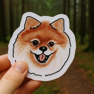 Adesivo in vinile con cane Pomerania, illustrazione disegnata a mano, accessorio per papillon, decorazione per computer portatile, 3 misure, idea regalo per amanti degli animali, mamma, veterinario, tecnico