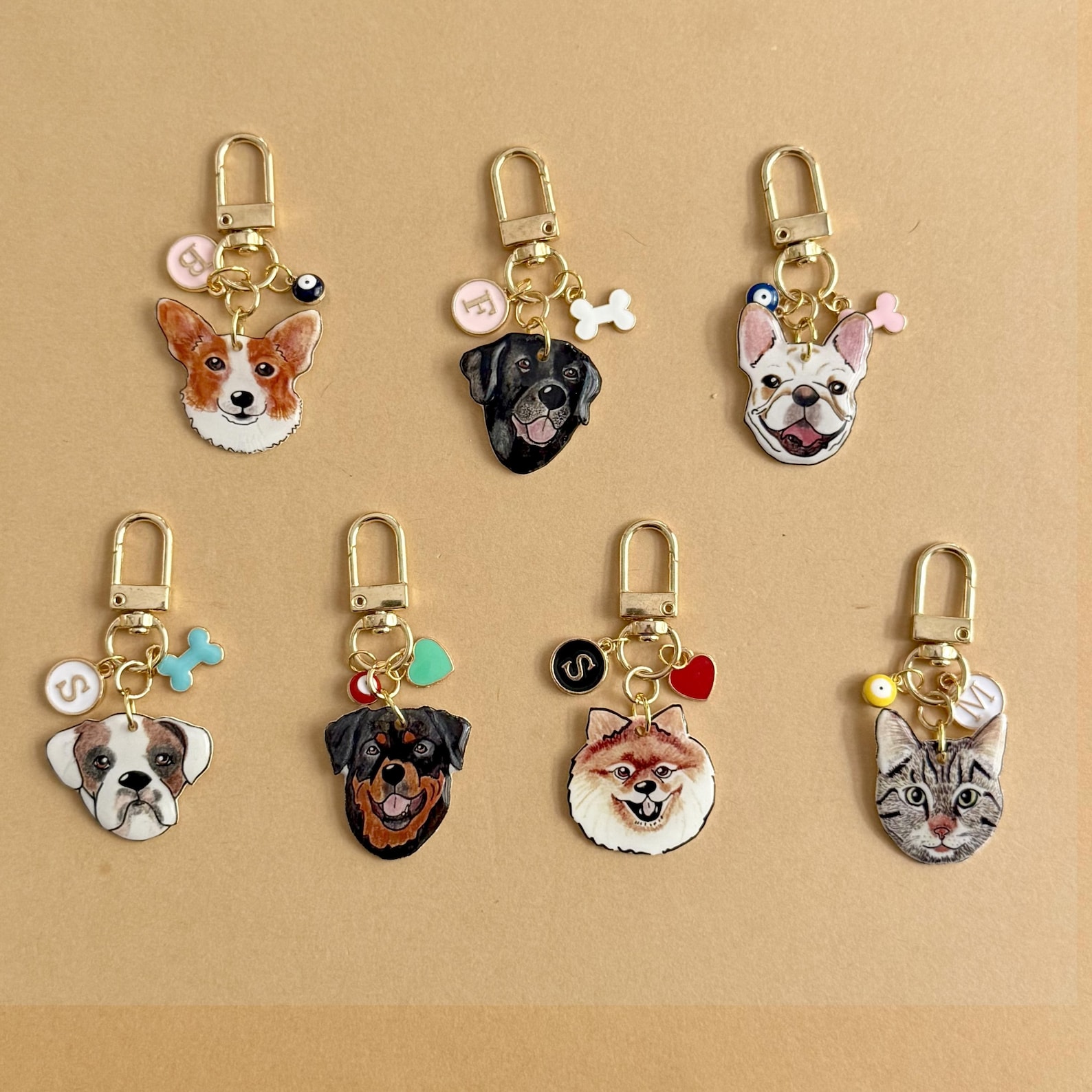 Short Keychain Custom Pet Portrait Short Keychain: Dog Illustration, Initial Charm ...