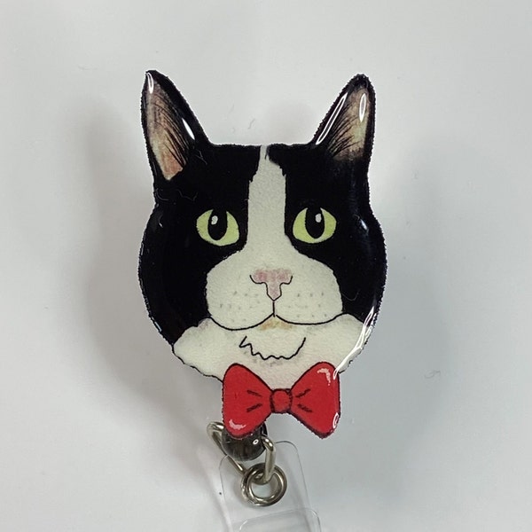 Black and white Cat with bow tie  Badge reel, cat gift, pet nurse badge reel, nurse badge reel, ID holder gift, vet tech gift, gift for her