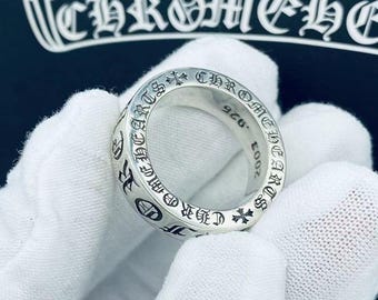 Chrom Herzen Stil 925 Silber Bandring | Gothic Gravur, Statement Ring