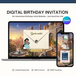 May include: A digital birthday invitation displayed on a laptop and smartphone screen. The design features a palace background, an envelope with the text You're invited, a character illustration, and an RSVP form with a countdown timer.
