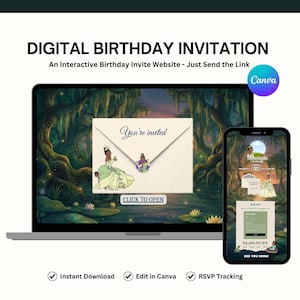 May include: A digital birthday invitation displayed on a laptop and smartphone screen. The design features a swamp background with a character in a green dress, an envelope graphic with the text You're invited, and a button labeled CLICK TO OPEN.