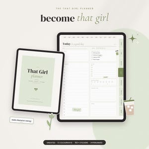 Puede incluir: Una agenda digital mostrada en dos tabletas, con una portada verde claro con el texto "The That Girl planner" y una página interior titulada "Today is a good day" con rastreadores de hábitos, listas de tareas y secciones de notas en verde salvia.